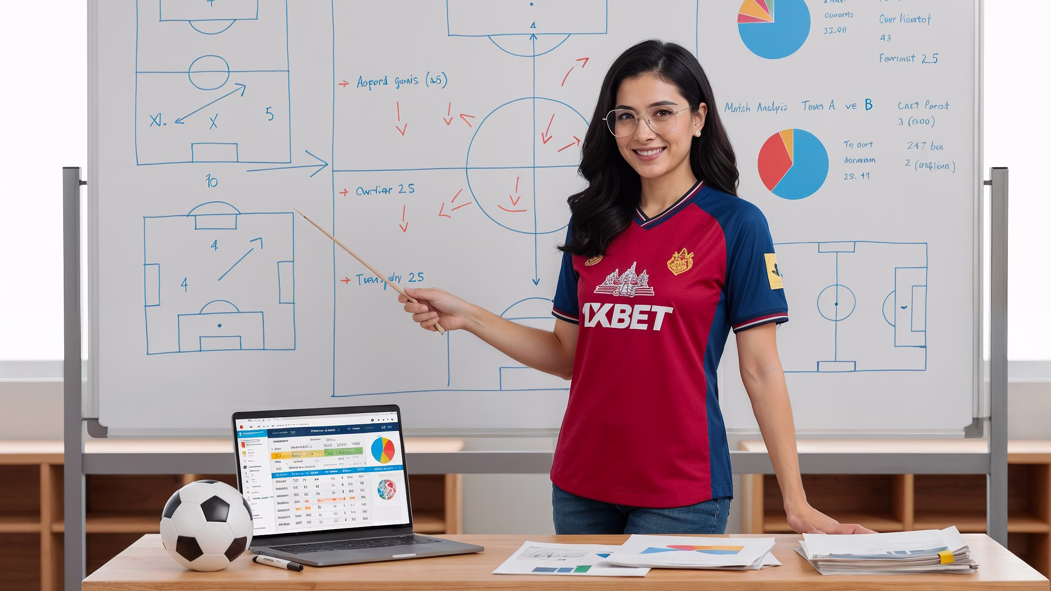 អ្នកជំនាញម្នាក់ពាក់អាវ 1xBet កំពុងបង្រៀនយុទ្ធសាស្ត្រភ្នាល់បាល់ទាត់នៅមុខក្តារខៀនដែលមានគំនូសតាង និងការវិភាគ។